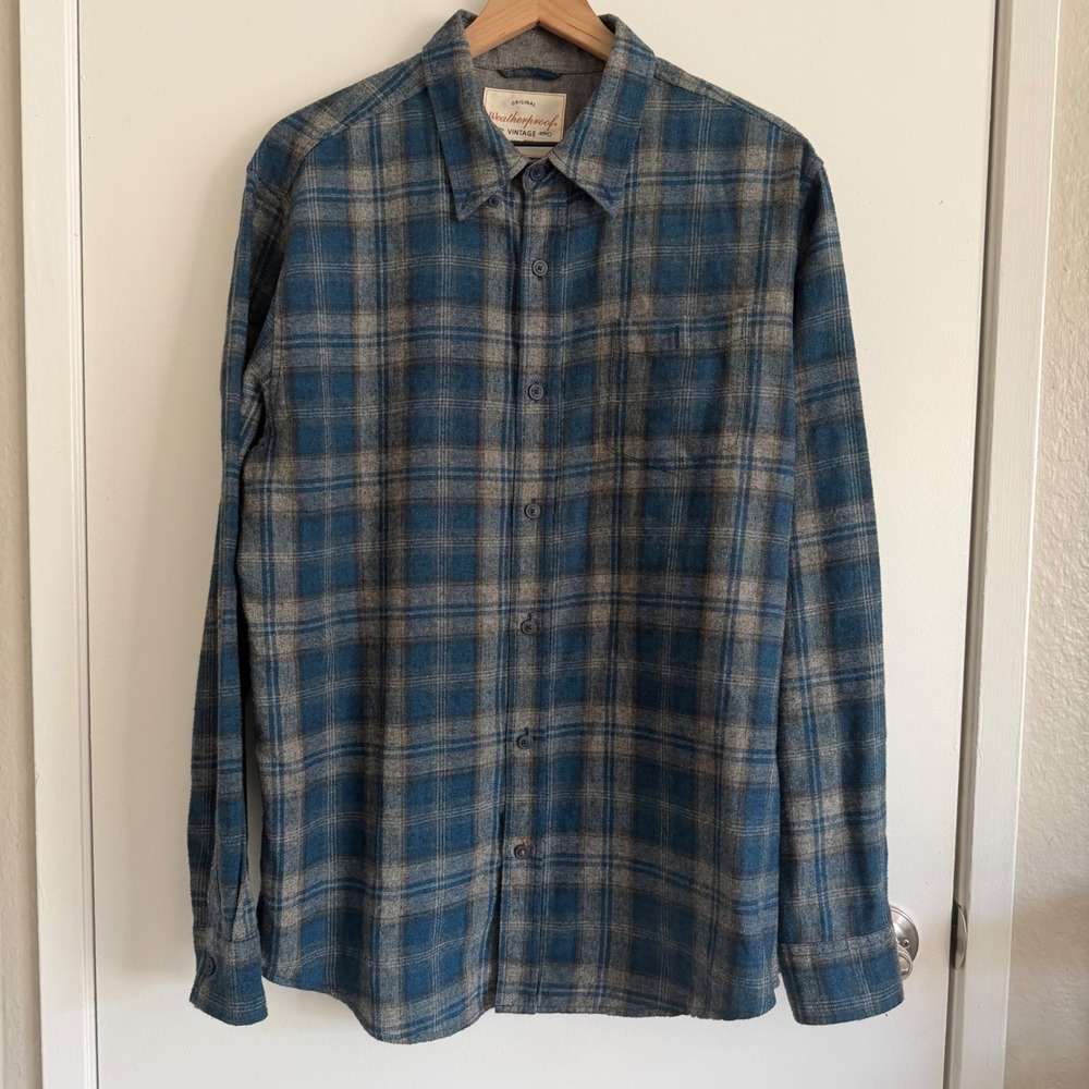 Weatherproof Vintage Mens Large Blue Grey Plaid Flannel Button Down Shirt L/G